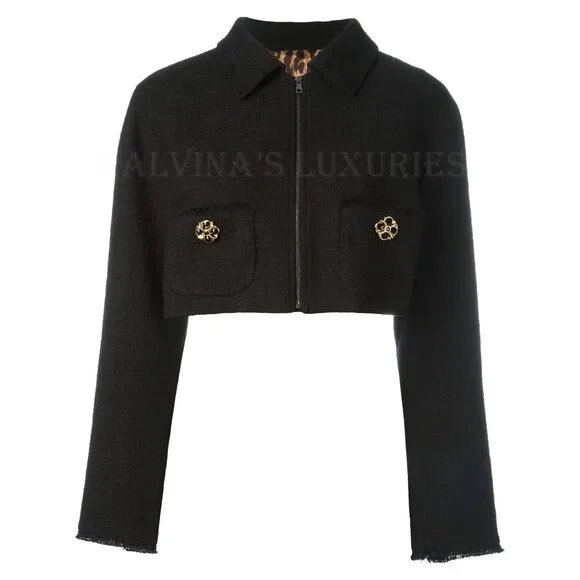 DOLCE & GABBANA JACKET BLACK COTTON BLEND CROPPED JEWELED BUTTONS sz 42 6